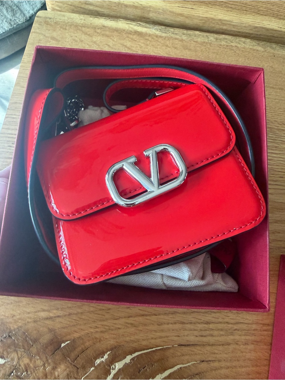 Valentino Garavani Glossy Red Patent VLogo Mini Shoulder Bag